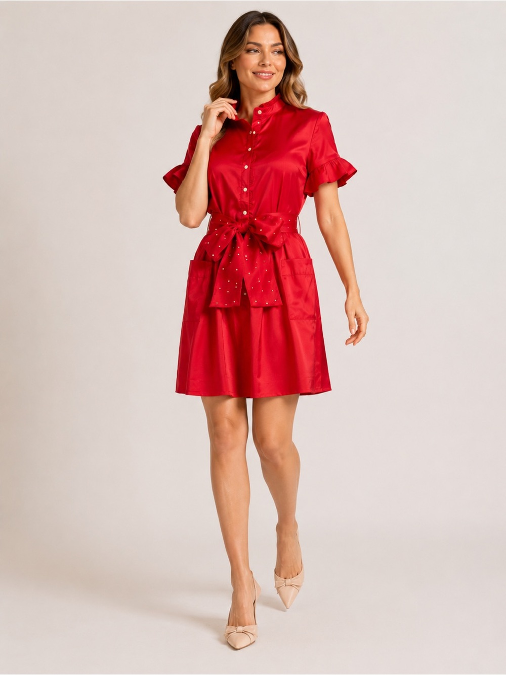 J.Marie Dress Women Red Ruffle Button Front Belted Size M NWT - Picture 3 of 10